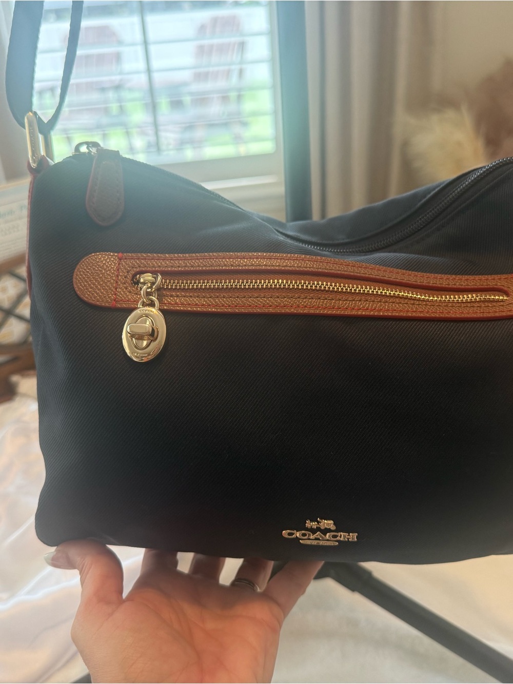 COACH Sawyer Navy Nylon Crossbody Bag with Tan leather Trim and red accents